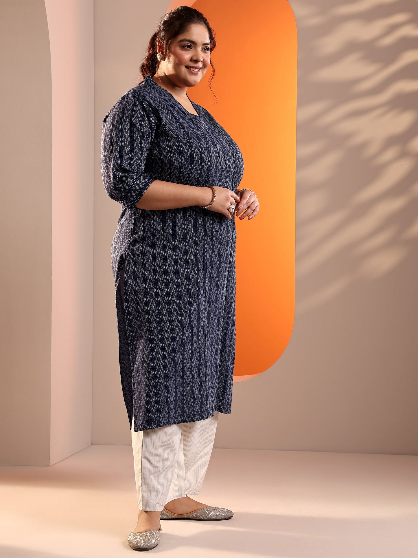 Plus Size Blue Woven Design Cotton Blend Straight Suit Set With Dupatta