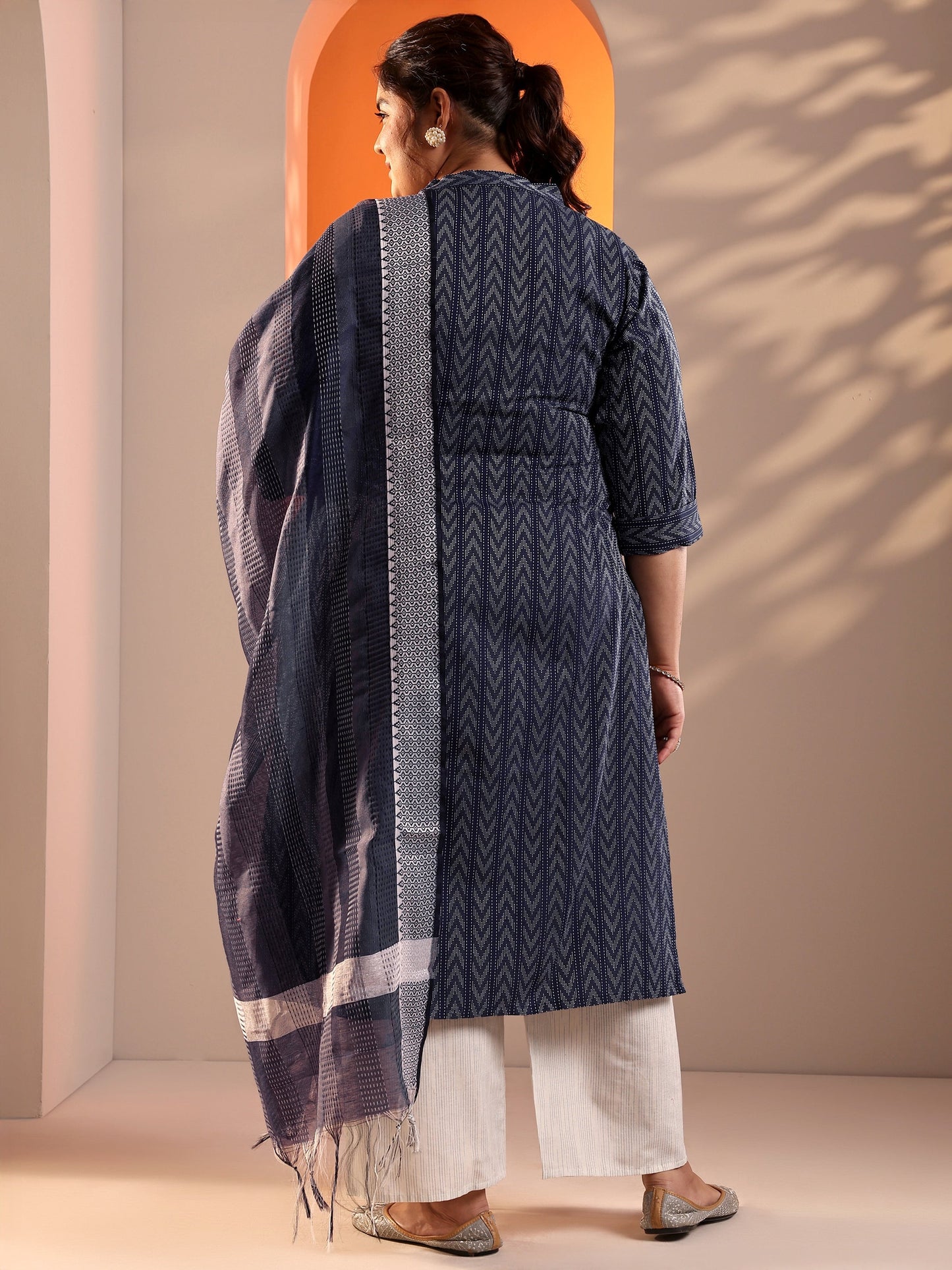 Plus Size Blue Woven Design Cotton Blend Straight Suit Set With Dupatta