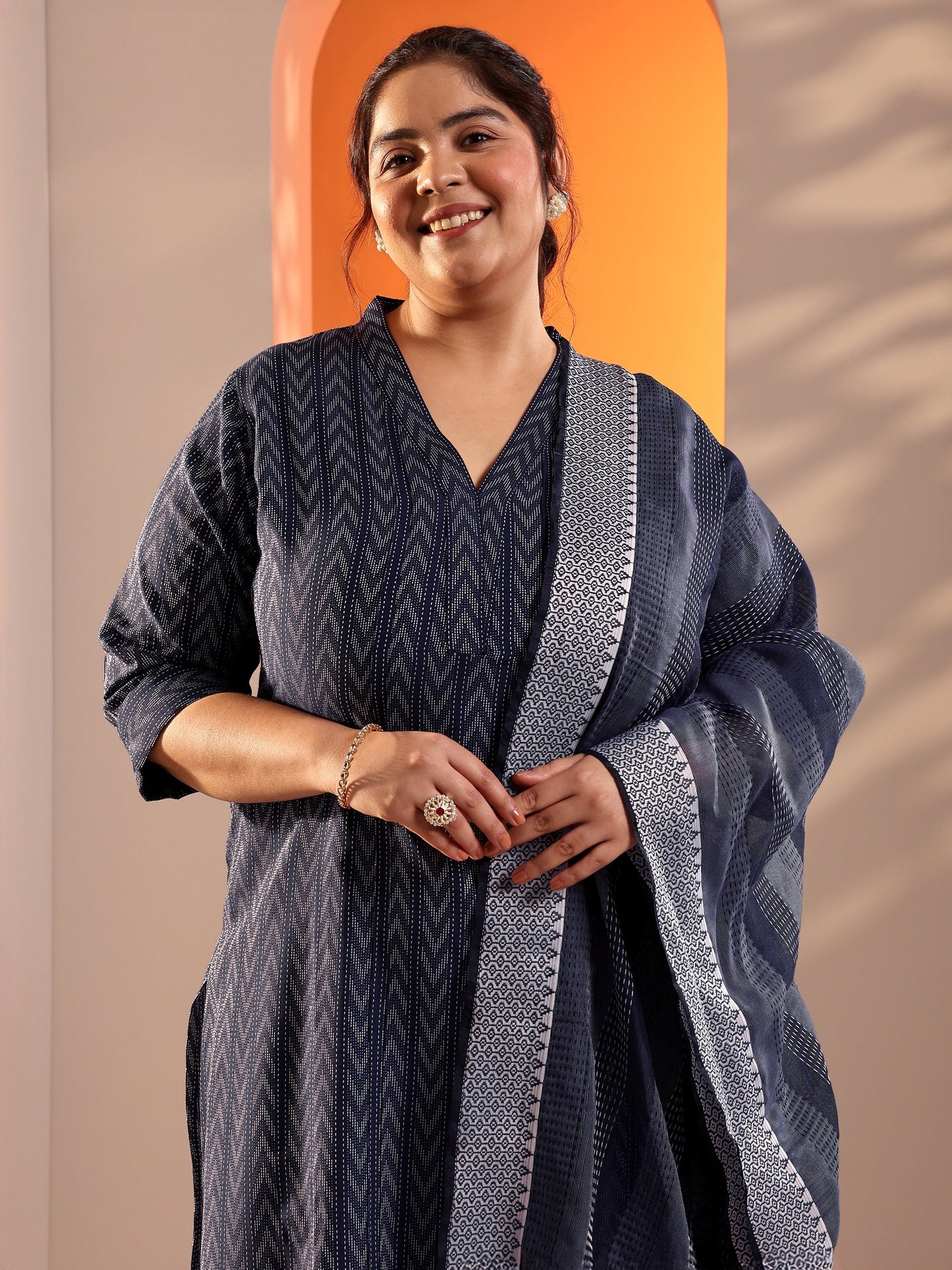 Plus Size Blue Woven Design Cotton Blend Straight Suit Set With Dupatta