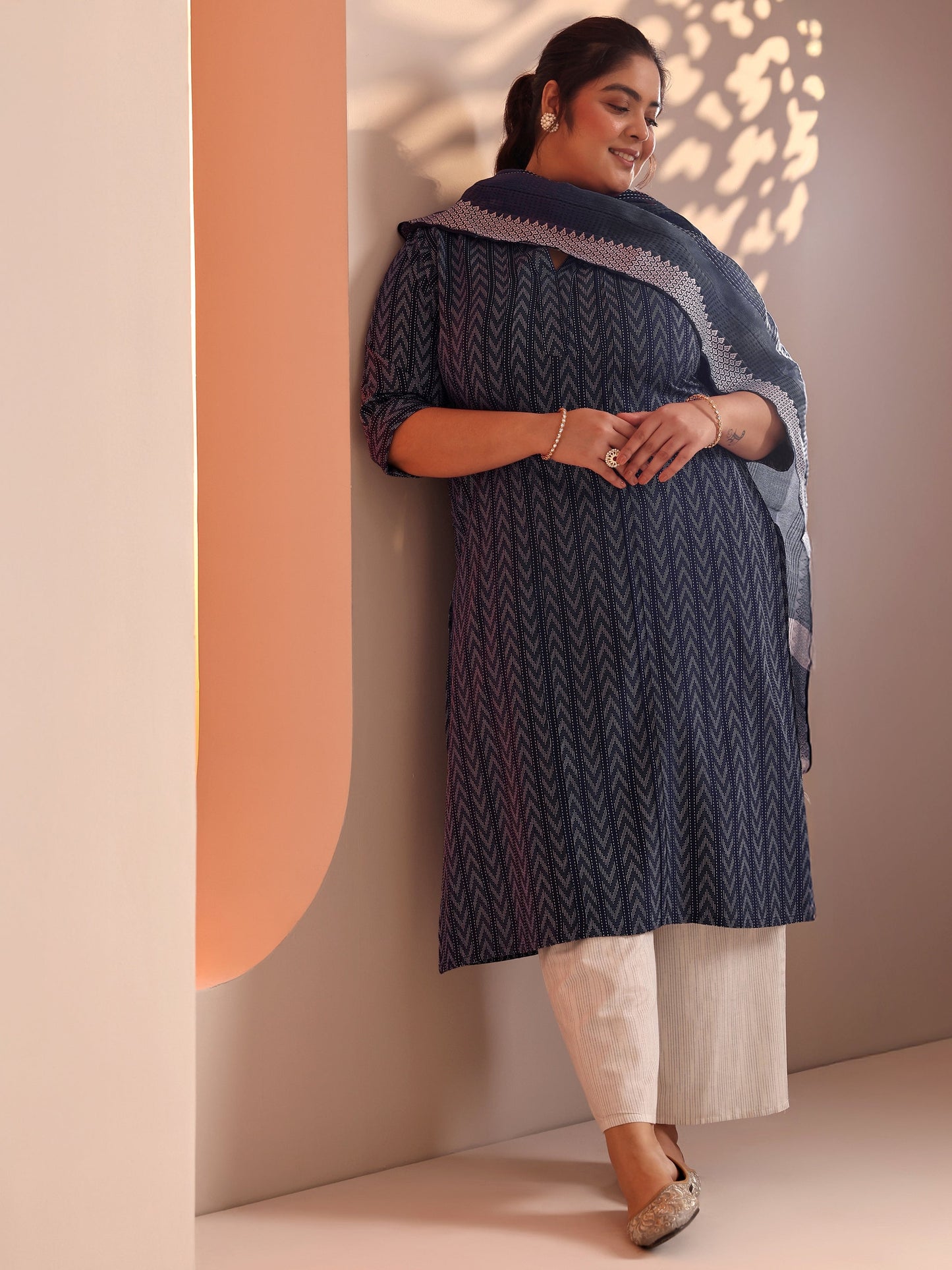 Plus Size Blue Woven Design Cotton Blend Straight Suit Set With Dupatta