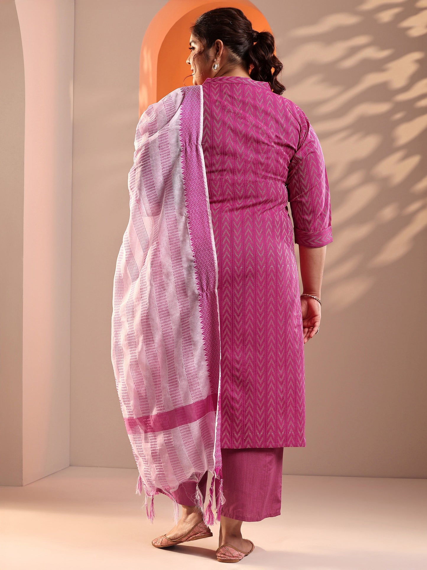 Plus Size Pink Woven Design Cotton Blend Straight Suit Set With Dupatta