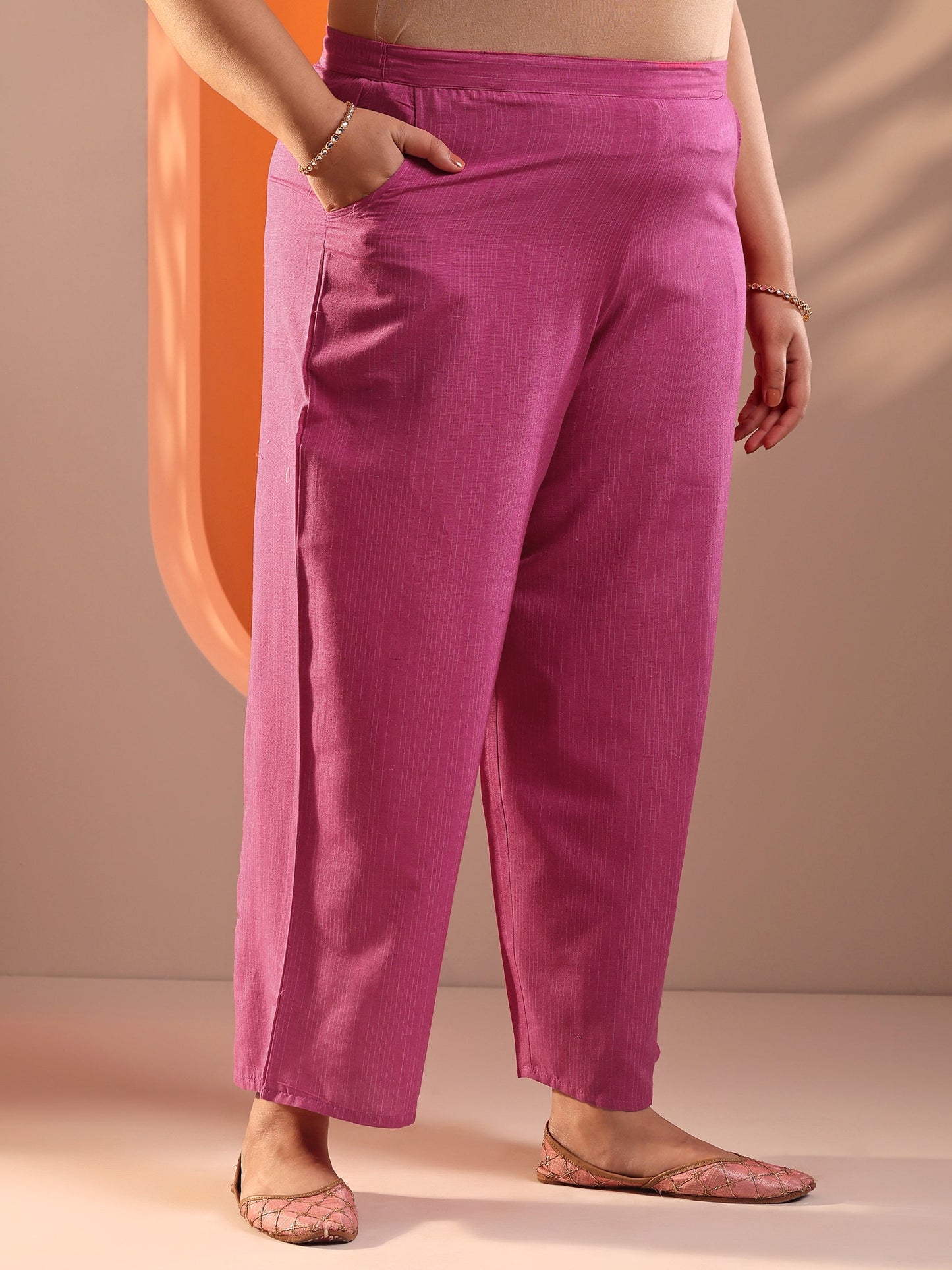 Plus Size Pink Woven Design Cotton Blend Straight Suit Set With Dupatta