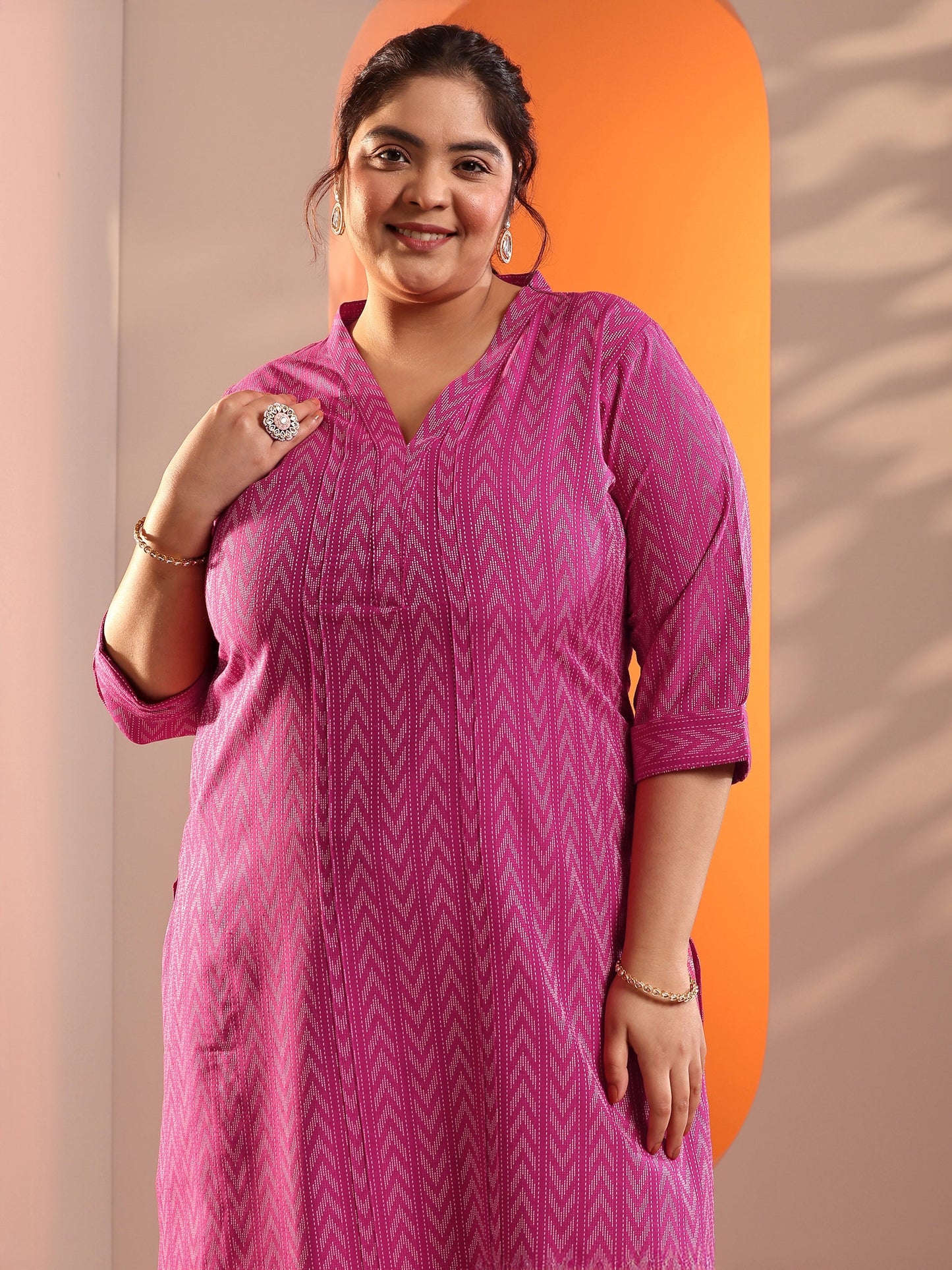 Plus Size Pink Woven Design Cotton Blend Straight Suit Set With Dupatta