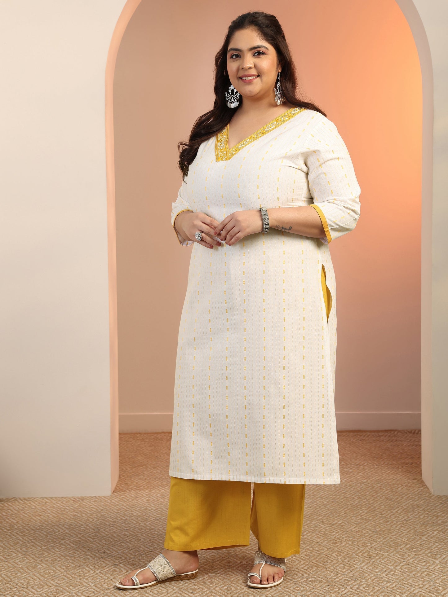 Plus Size White Woven Design cotton blend Straight Suit Set With Dupatta