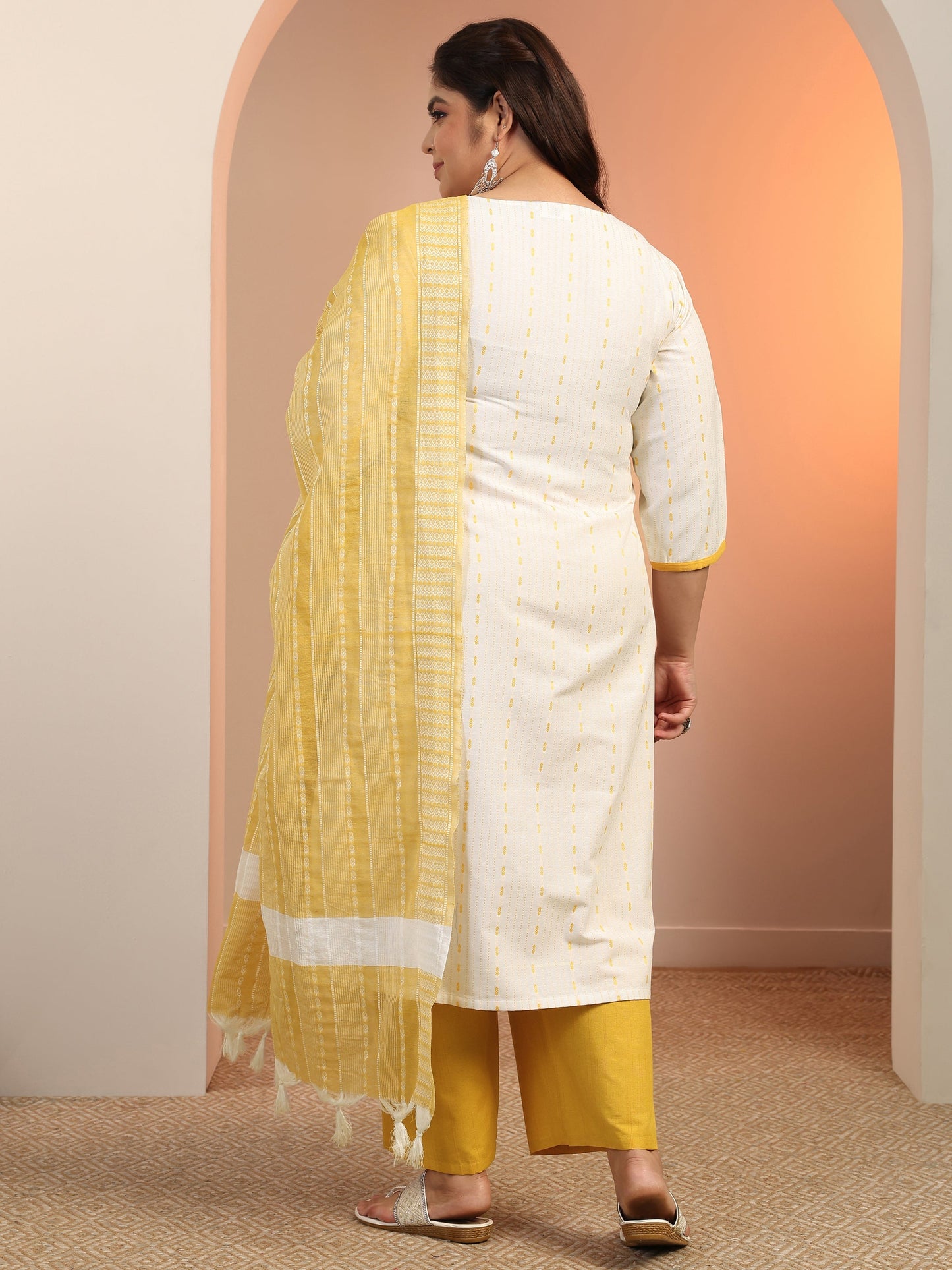 Plus Size White Woven Design cotton blend Straight Suit Set With Dupatta