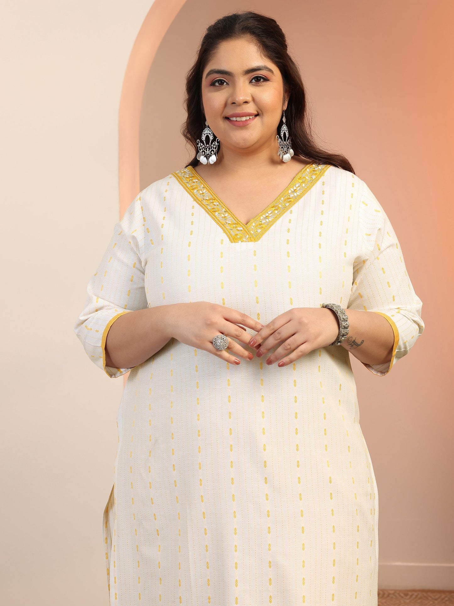 Plus Size White Woven Design cotton blend Straight Suit Set With Dupatta