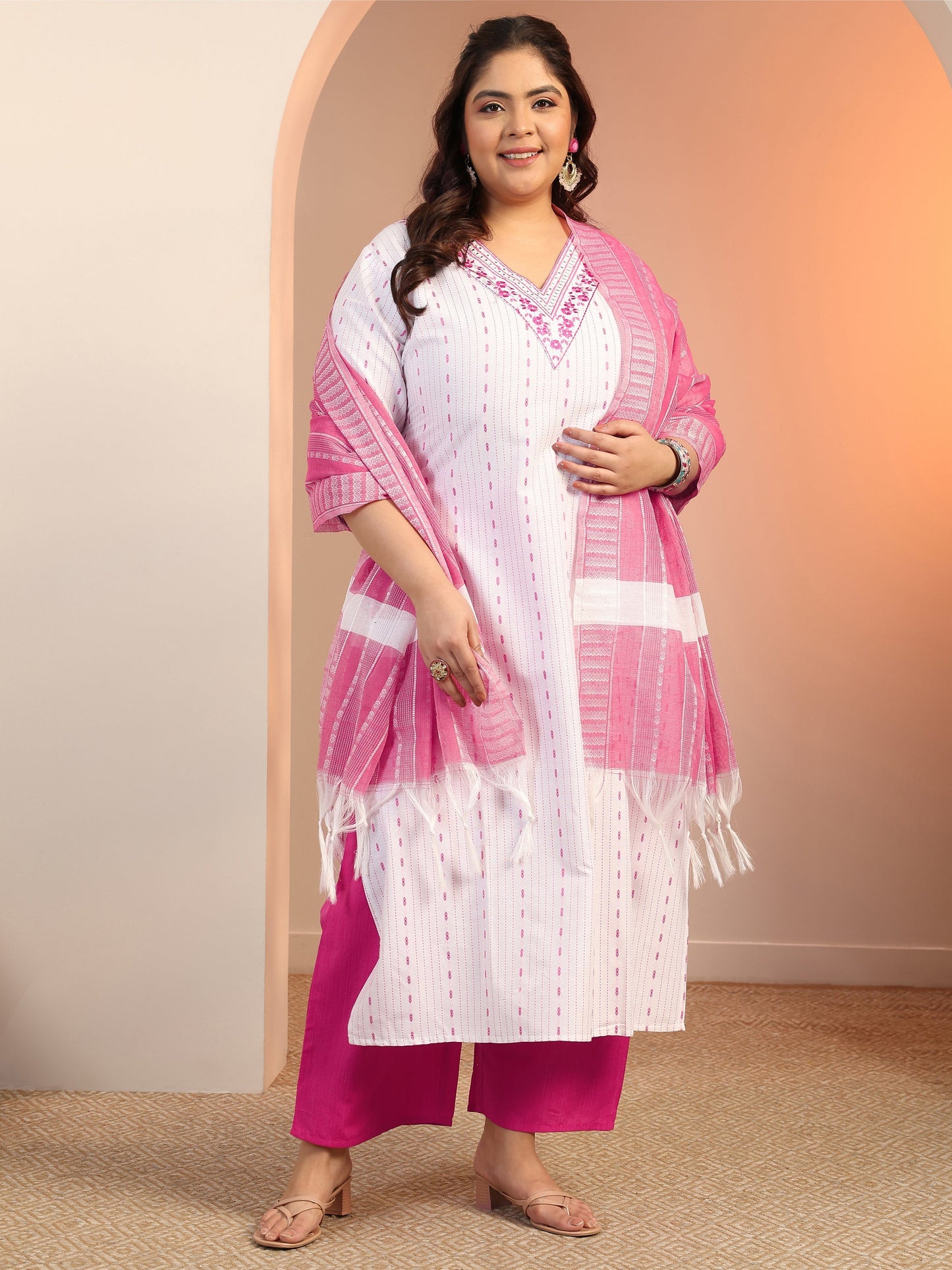 Plus Size White Woven Design cotton blend Straight Suit Set With Dupatta
