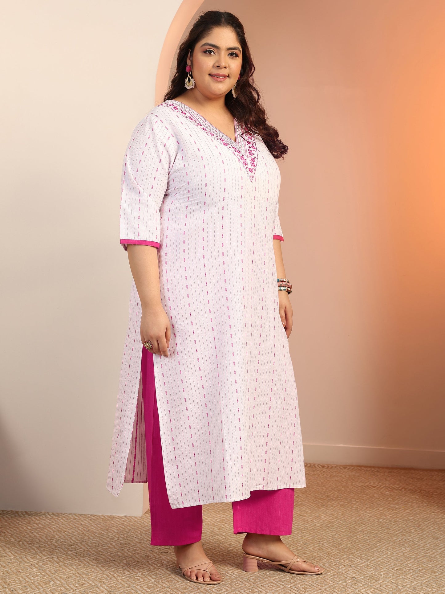Plus Size White Woven Design cotton blend Straight Suit Set With Dupatta