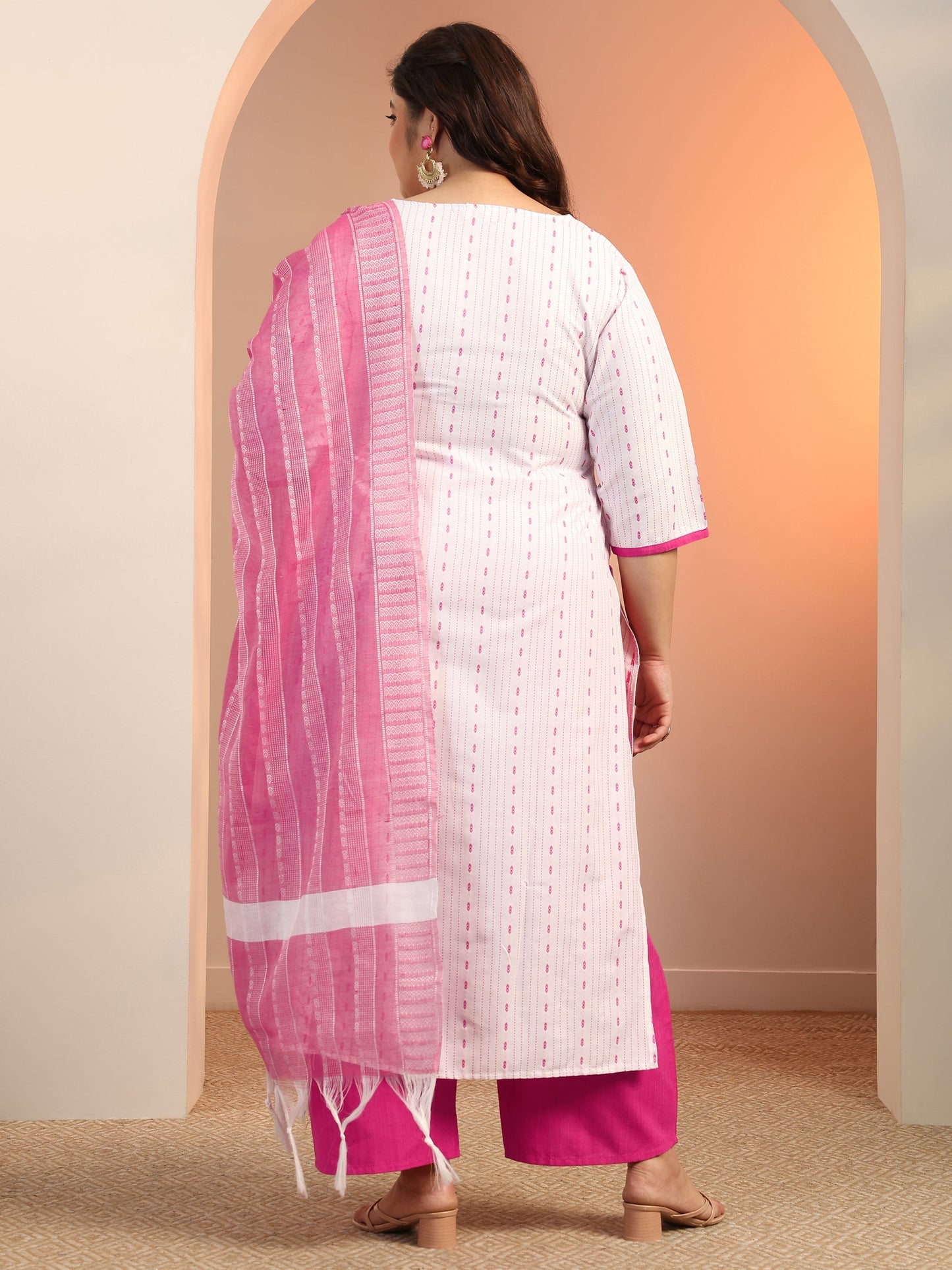 Plus Size White Woven Design cotton blend Straight Suit Set With Dupatta