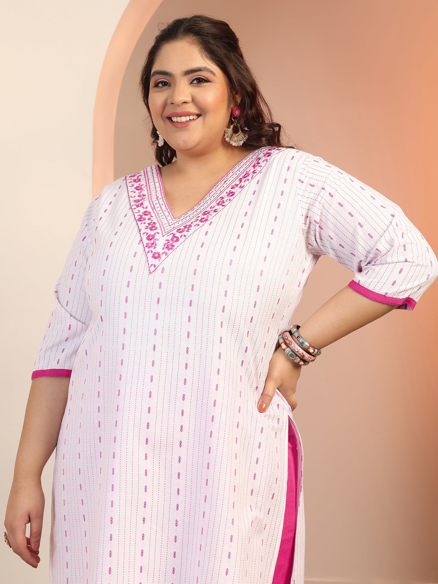 Plus Size White Woven Design cotton blend Straight Suit Set With Dupatta