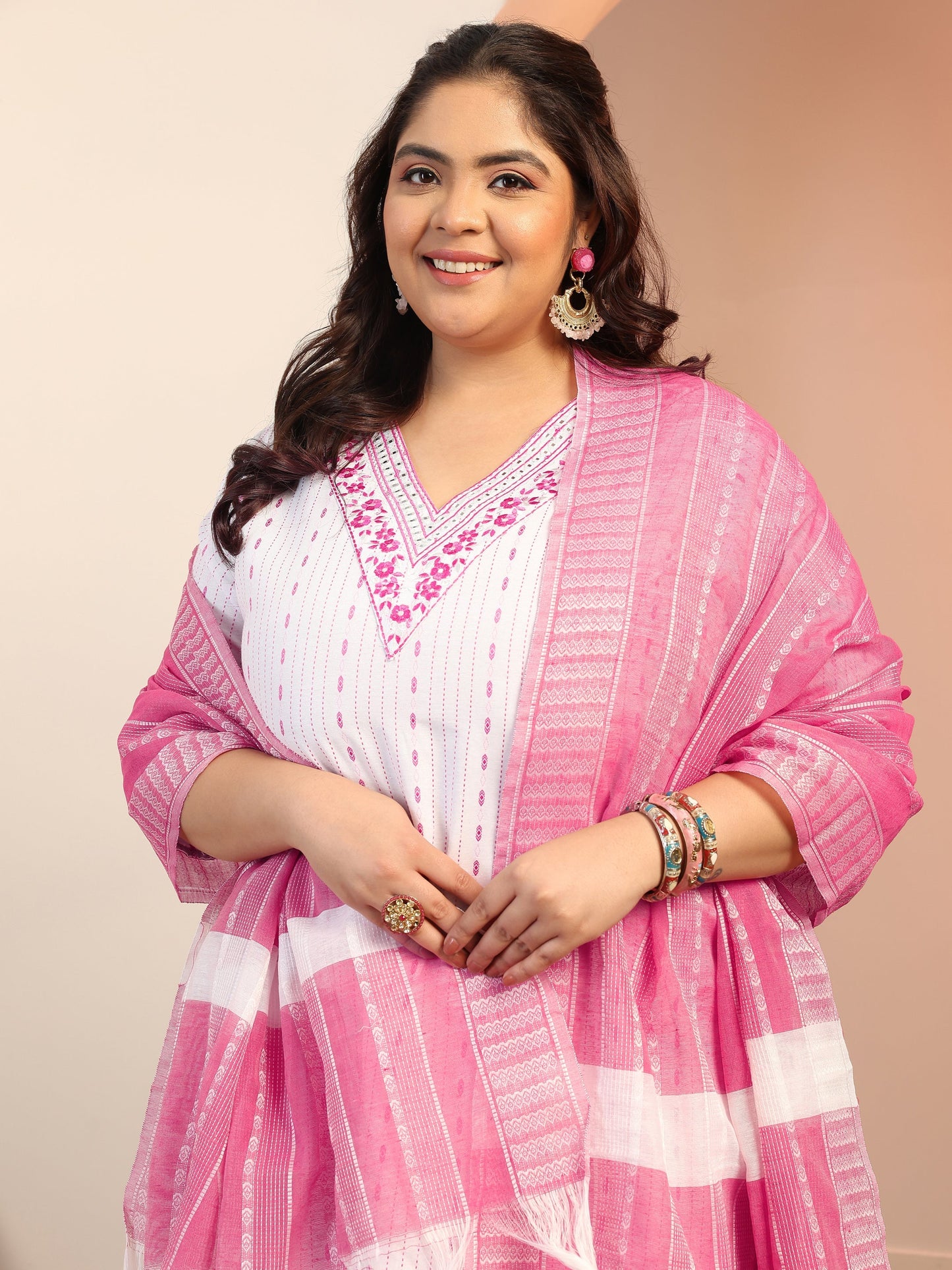 Plus Size White Woven Design cotton blend Straight Suit Set With Dupatta