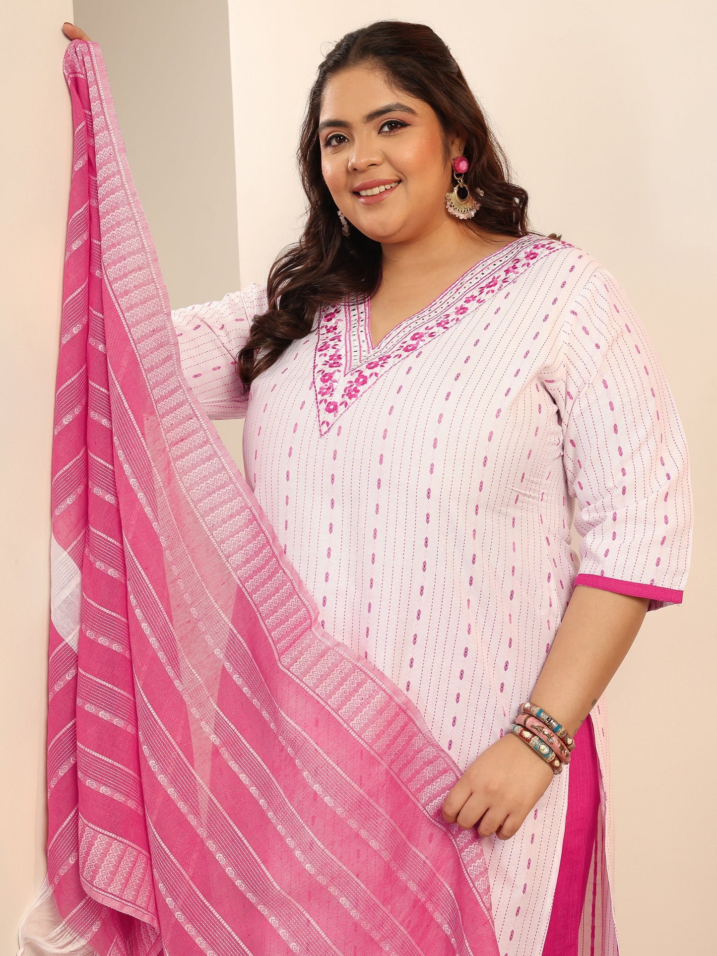 Plus Size White Woven Design cotton blend Straight Suit Set With Dupatta