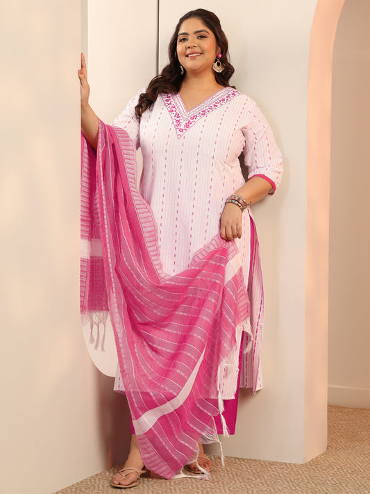Plus Size White Woven Design cotton blend Straight Suit Set With Dupatta
