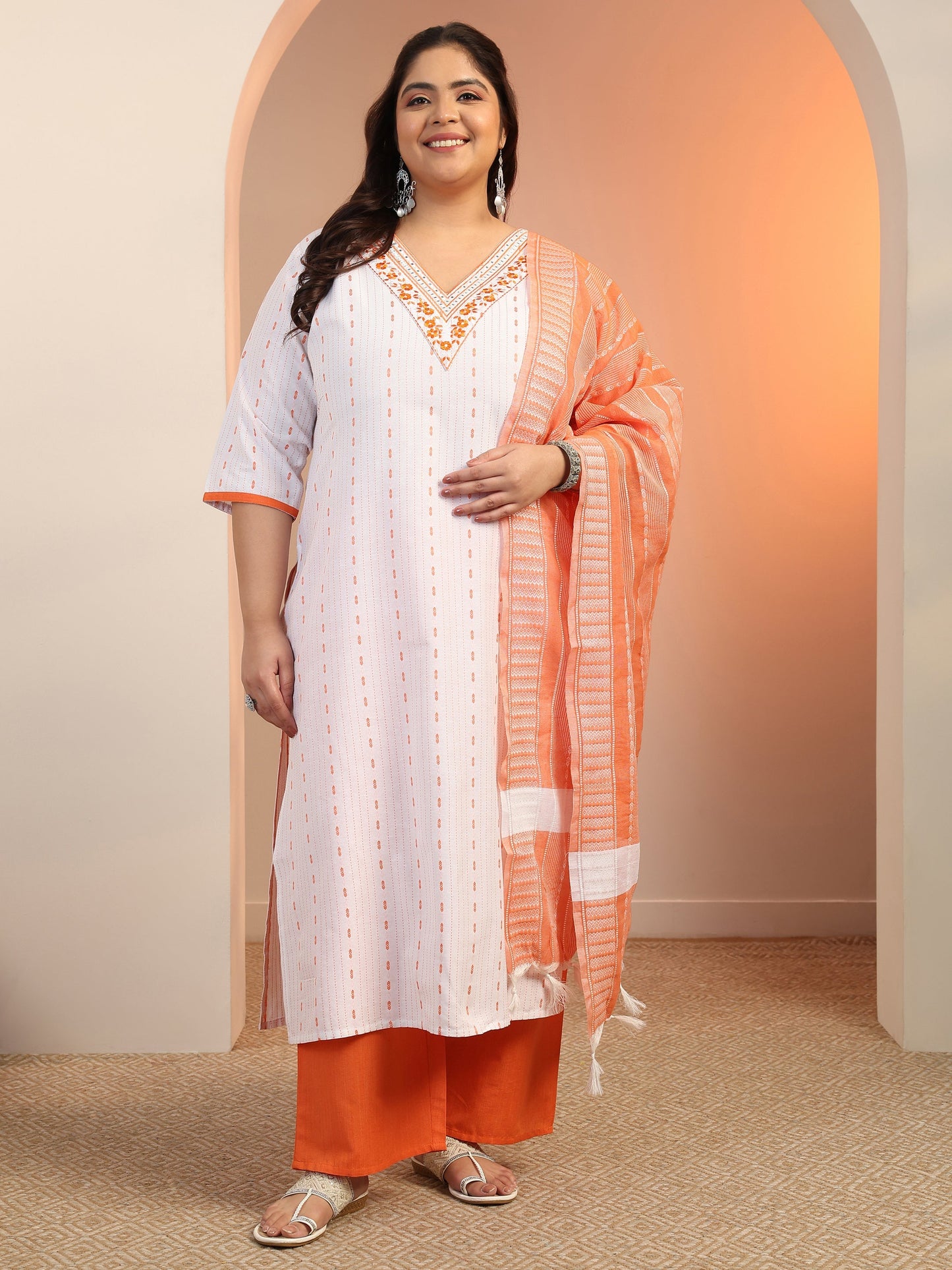 Plus Size White Woven Design cotton blend Straight Suit Set With Dupatta