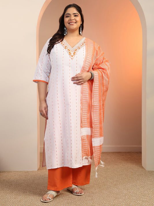 Plus Size White Woven Design cotton blend Straight Suit Set With Dupatta