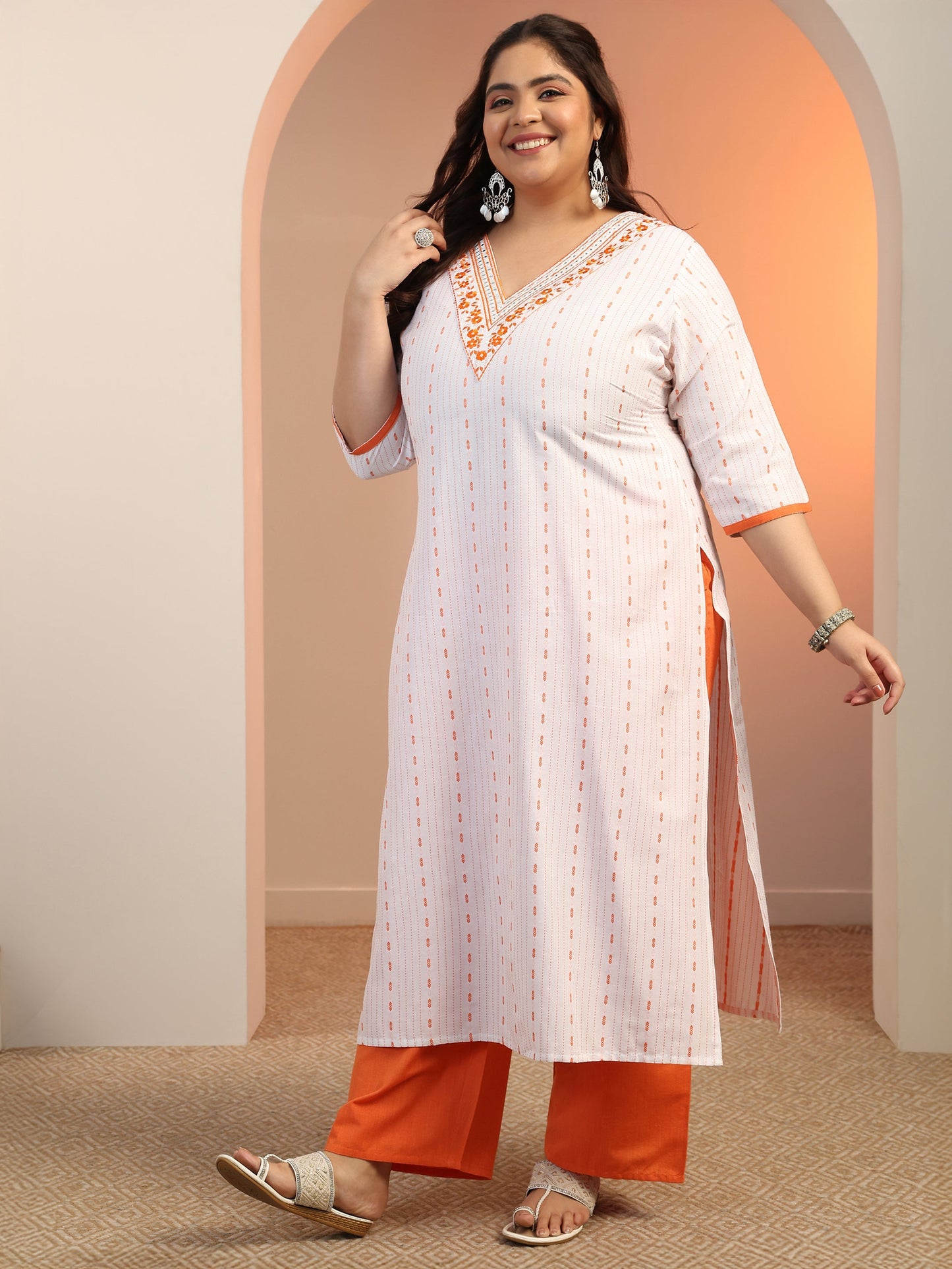 Plus Size White Woven Design cotton blend Straight Suit Set With Dupatta