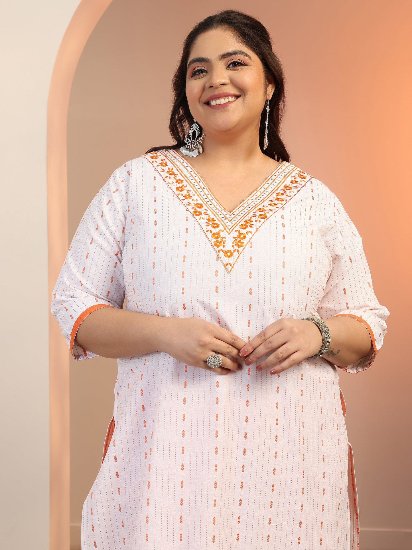 Plus Size White Woven Design cotton blend Straight Suit Set With Dupatta