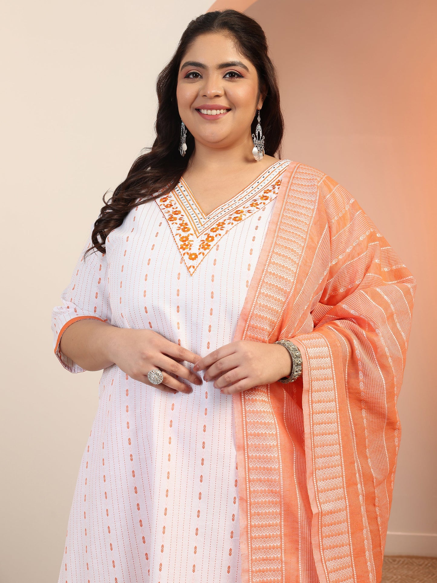 Plus Size White Woven Design cotton blend Straight Suit Set With Dupatta