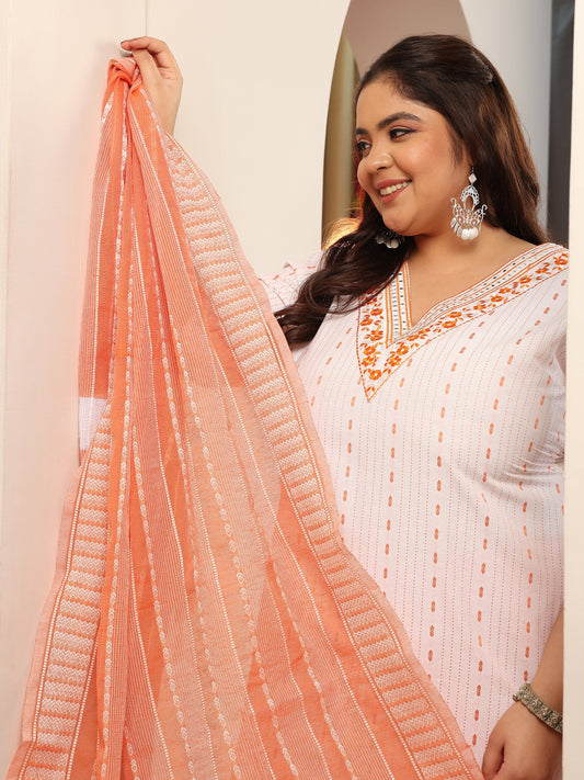 Plus Size White Woven Design cotton blend Straight Suit Set With Dupatta