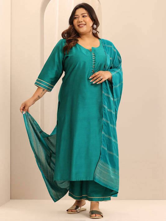 Plus Size Teal Solid Silk Blend Straight Suit Set With Dupatta