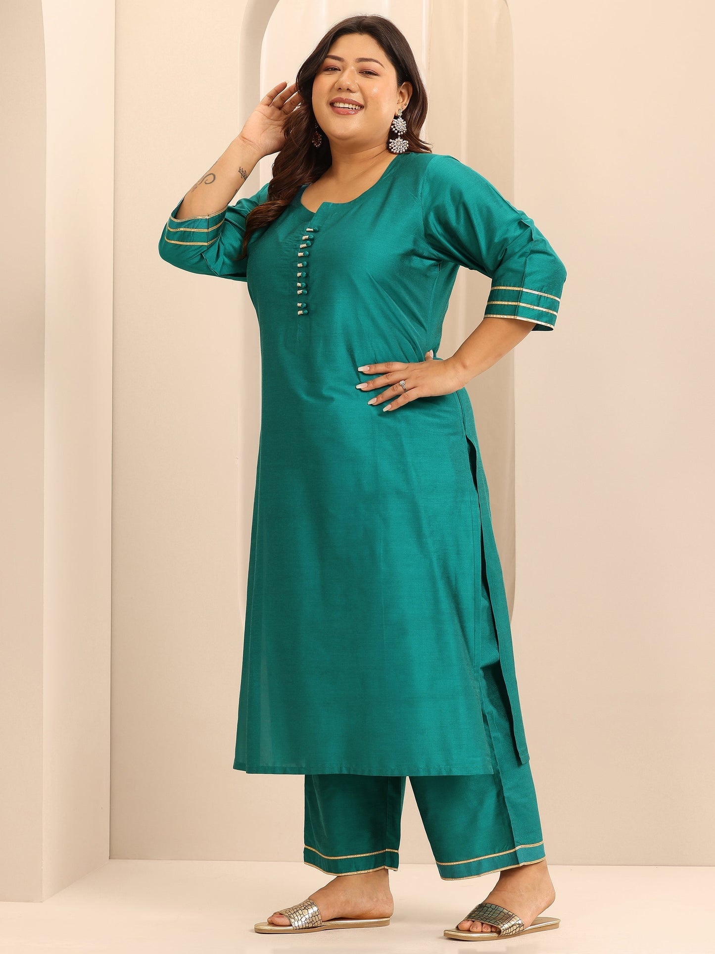 Plus Size Teal Solid Silk Blend Straight Suit Set With Dupatta