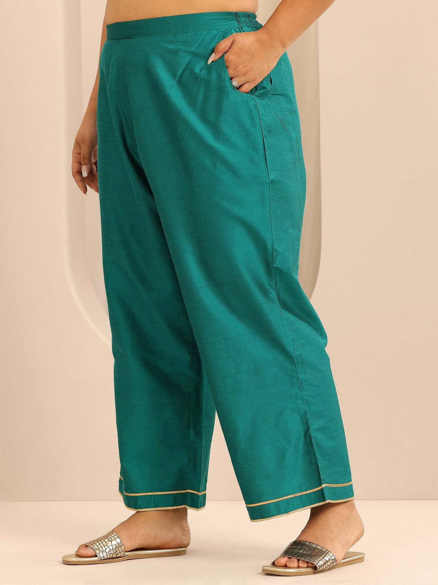 Plus Size Teal Solid Silk Blend Straight Suit Set With Dupatta