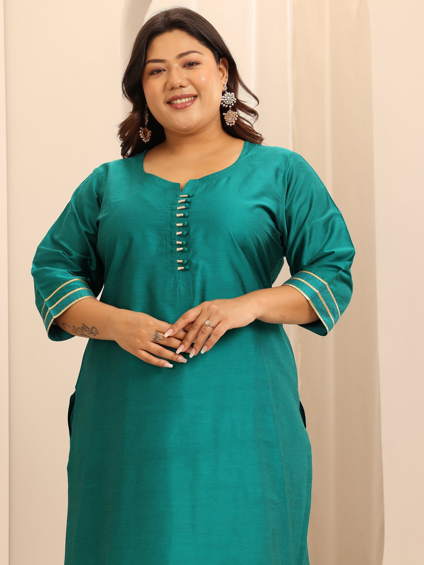 Plus Size Teal Solid Silk Blend Straight Suit Set With Dupatta