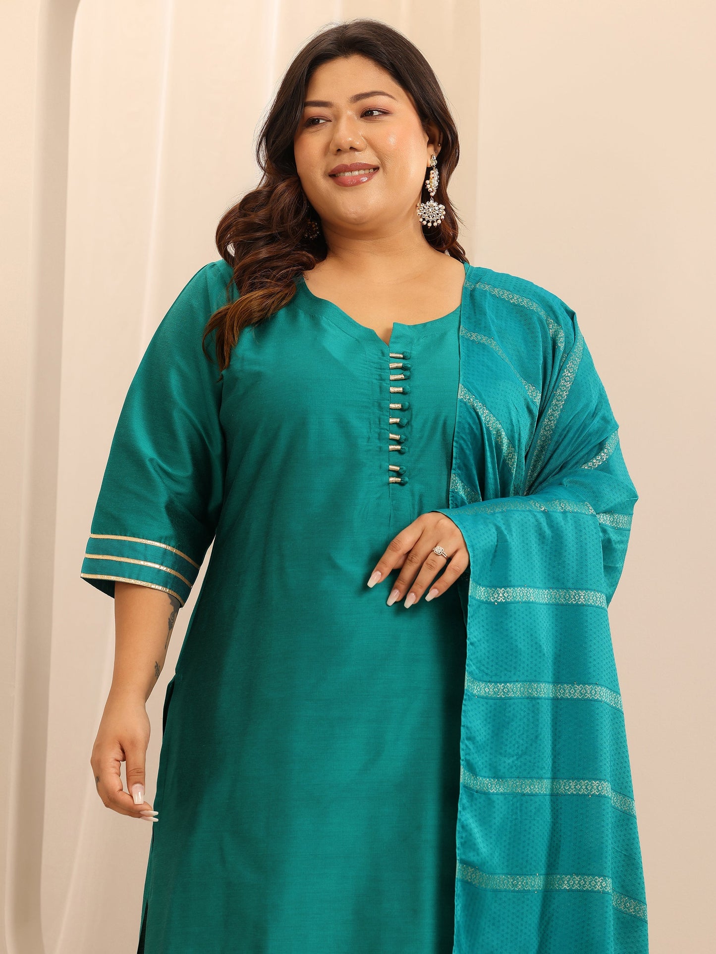 Plus Size Teal Solid Silk Blend Straight Suit Set With Dupatta