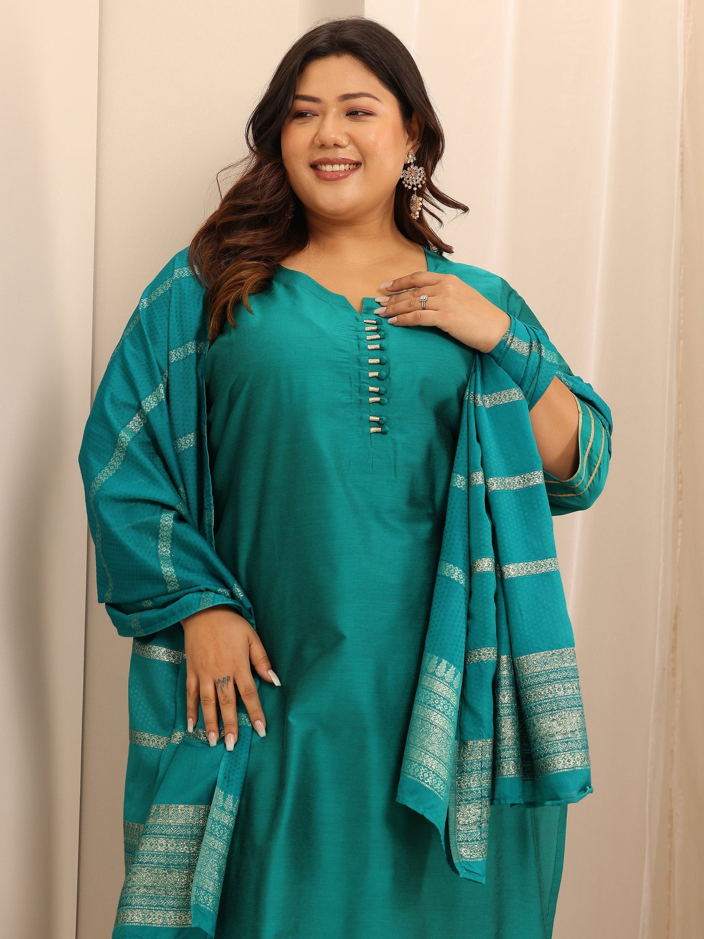 Plus Size Teal Solid Silk Blend Straight Suit Set With Dupatta