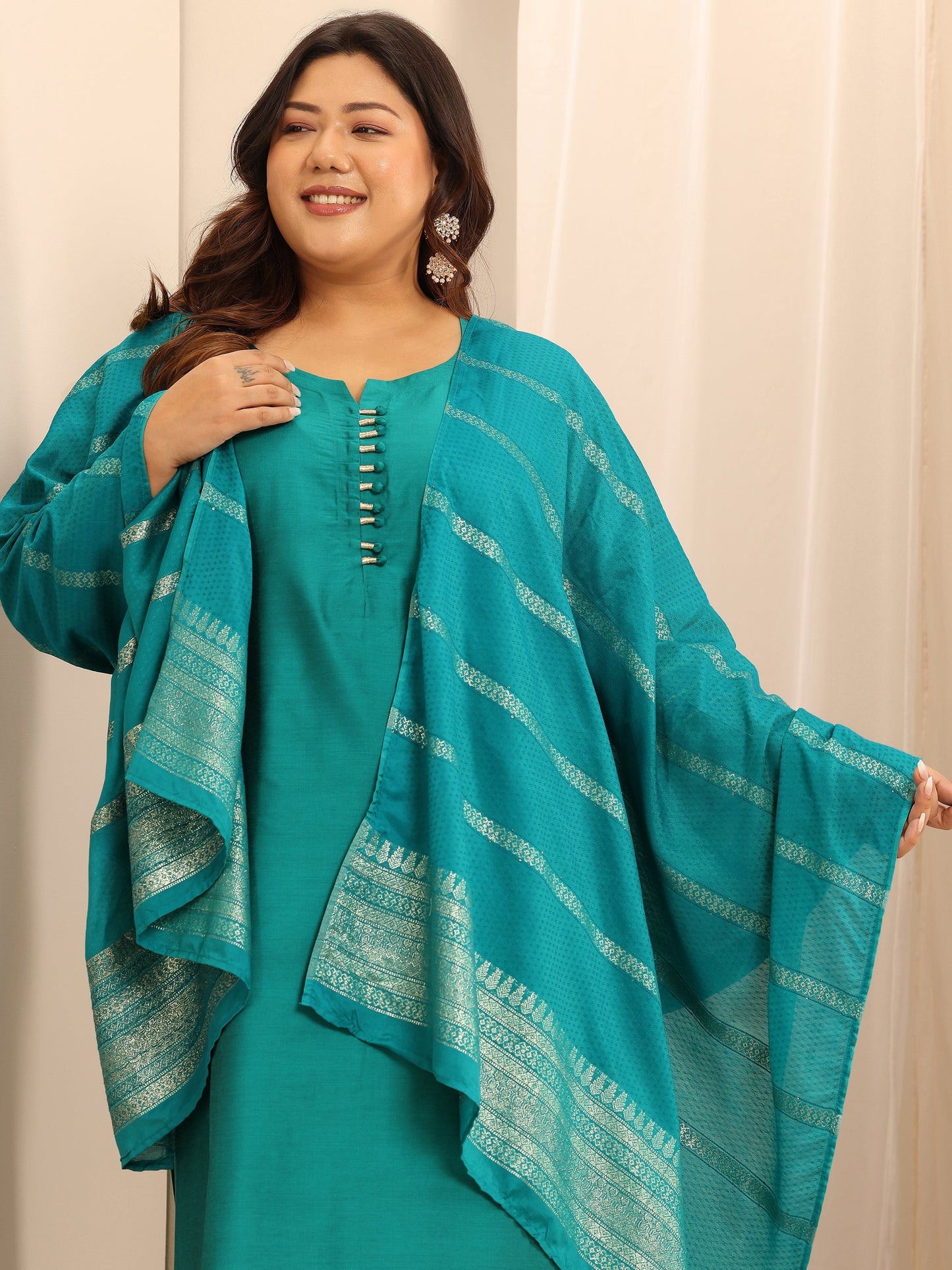 Plus Size Teal Solid Silk Blend Straight Suit Set With Dupatta