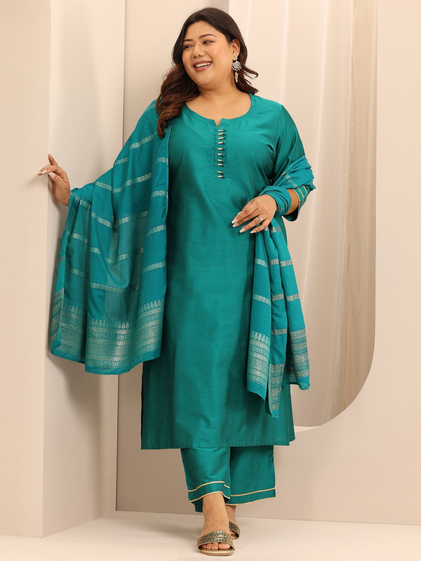 Plus Size Teal Solid Silk Blend Straight Suit Set With Dupatta