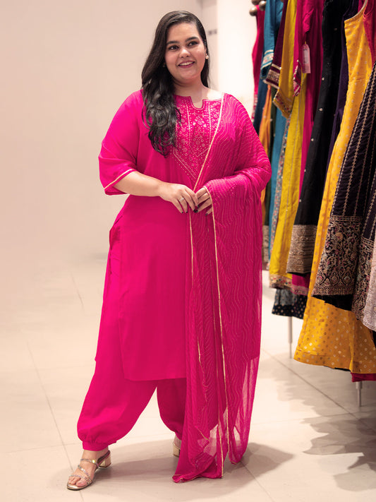Plus Size Pink Embellished Silk Blend Straight Suit Set With Dupatta