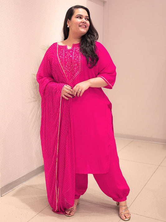 Plus Size Pink Embellished Silk Blend Straight Suit Set With Dupatta