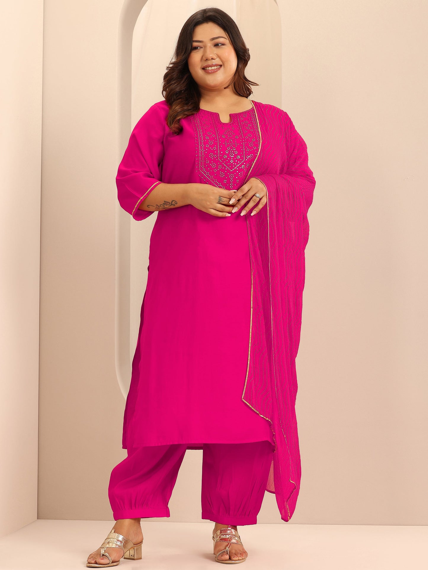 Plus Size Pink Embellished Silk Blend Straight Suit Set With Dupatta
