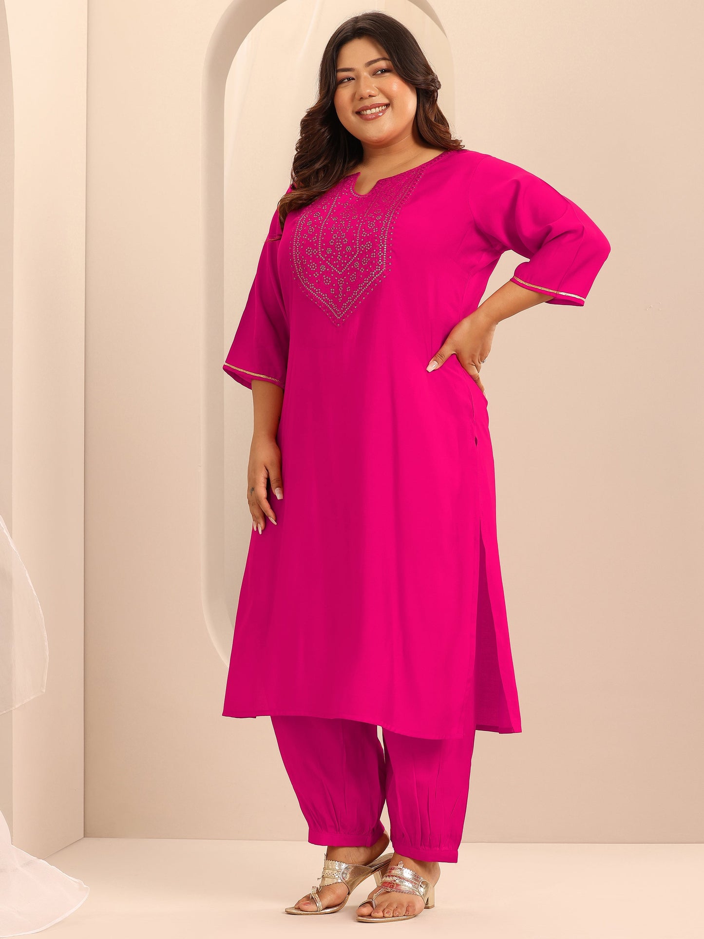 Plus Size Pink Embellished Silk Blend Straight Suit Set With Dupatta