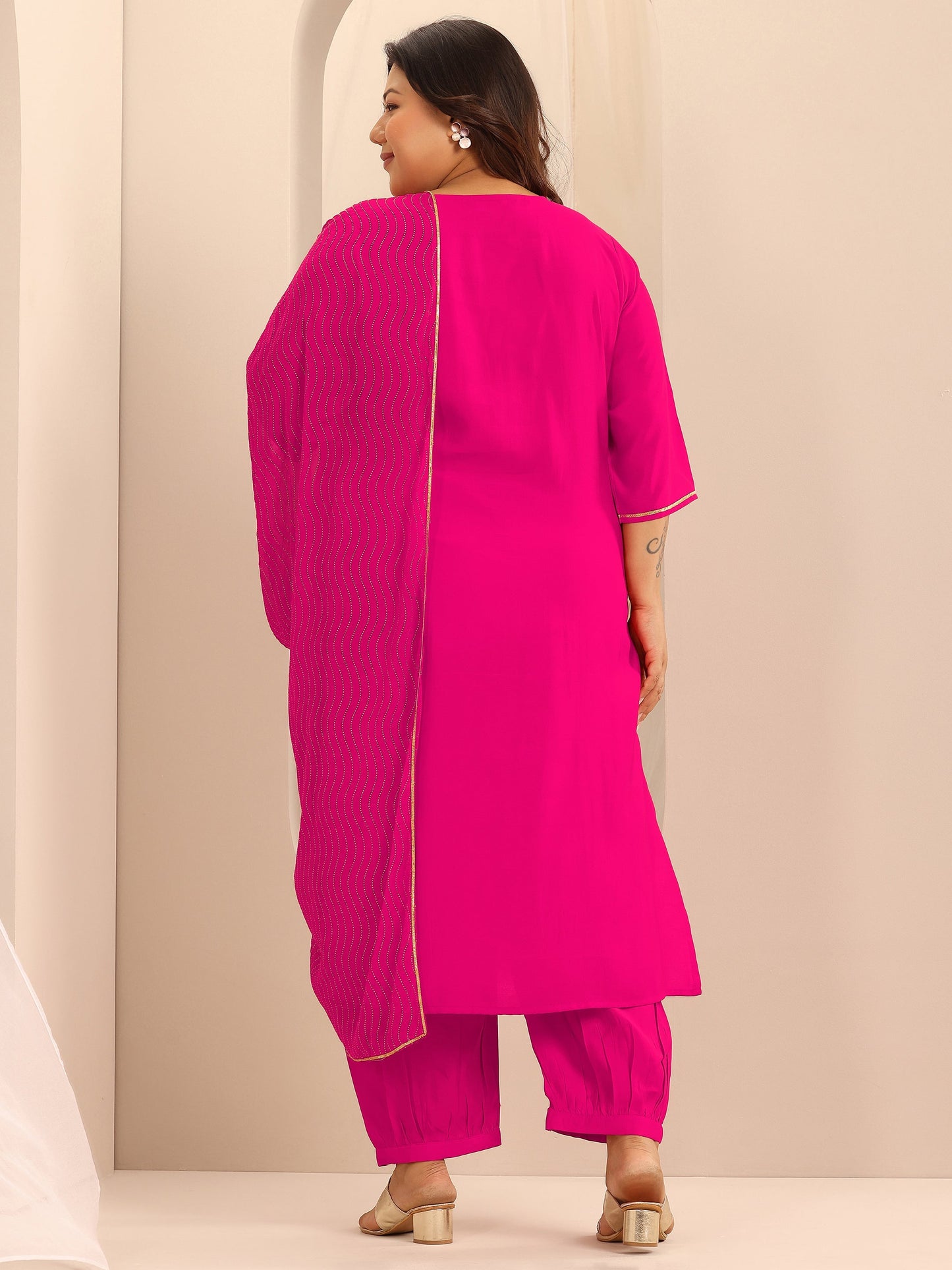 Plus Size Pink Embellished Silk Blend Straight Suit Set With Dupatta