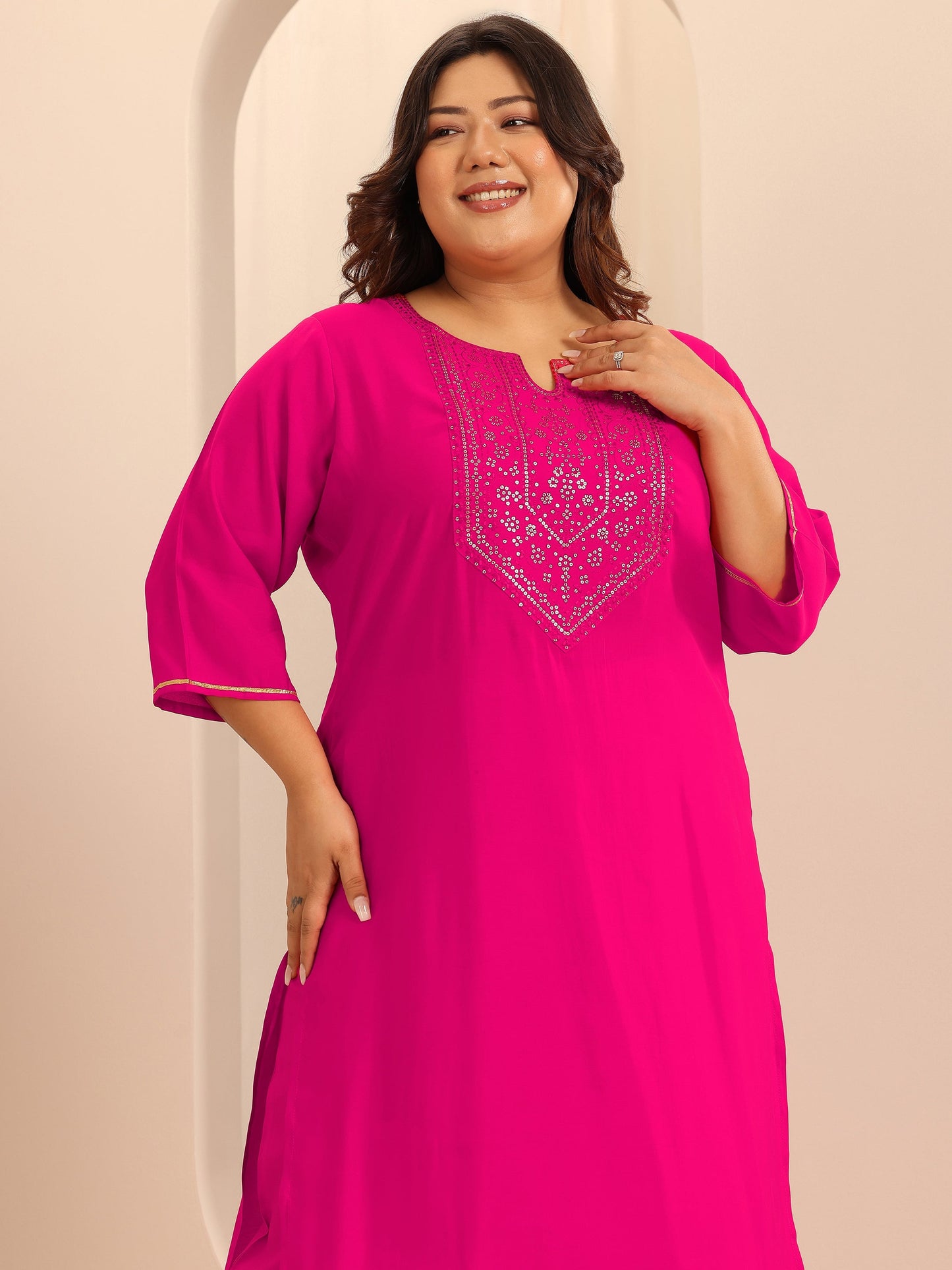 Plus Size Pink Embellished Silk Blend Straight Suit Set With Dupatta