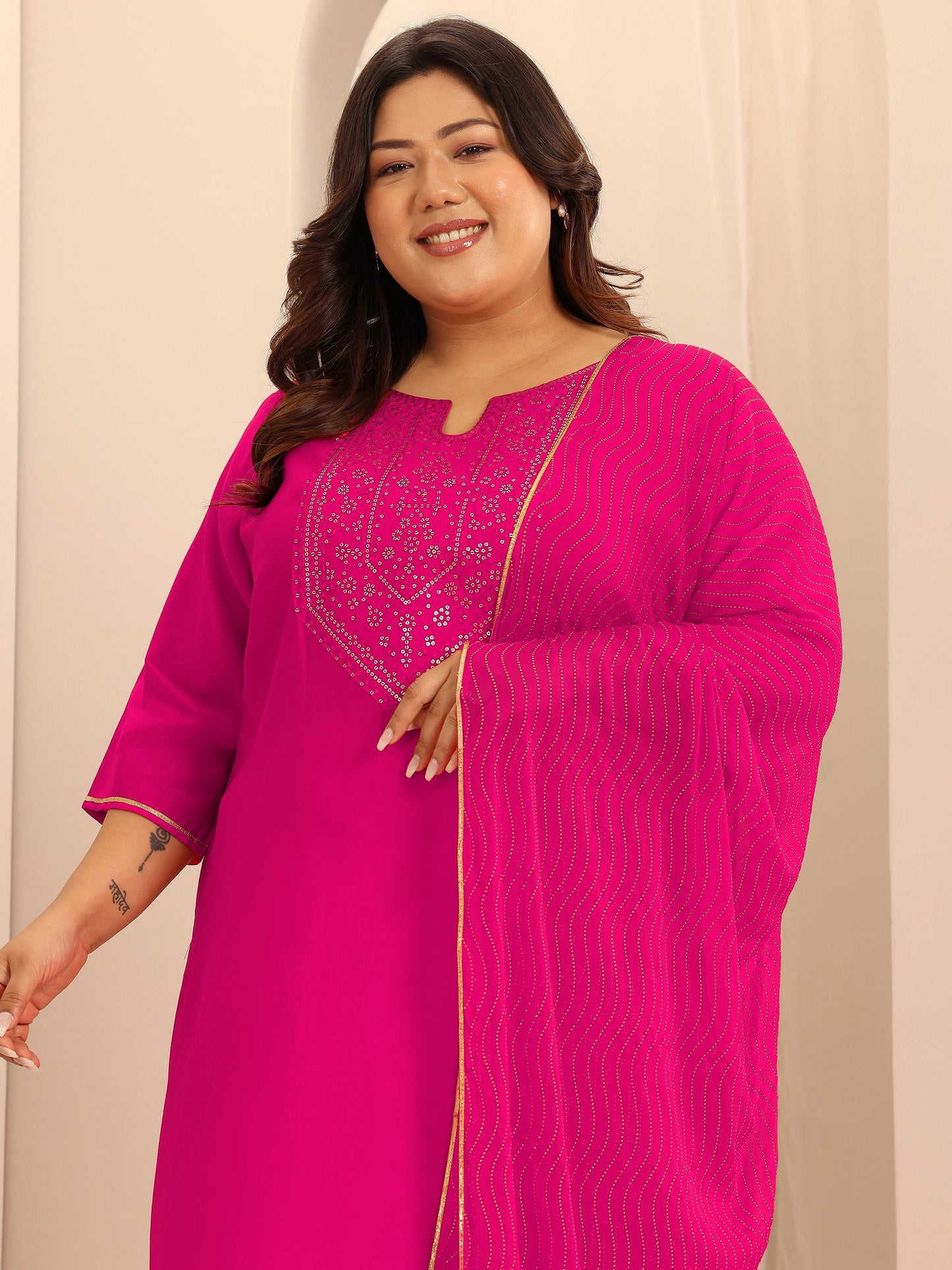 Plus Size Pink Embellished Silk Blend Straight Suit Set With Dupatta