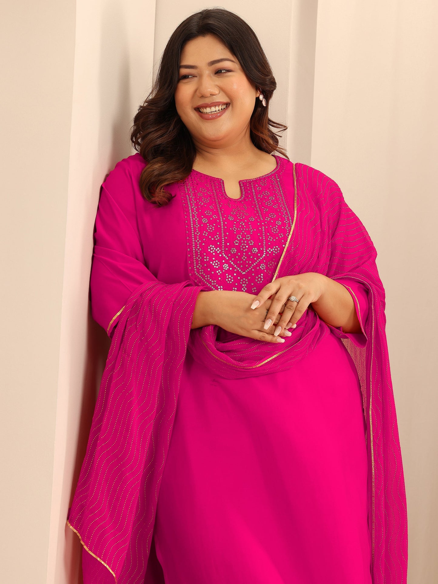 Plus Size Pink Embellished Silk Blend Straight Suit Set With Dupatta
