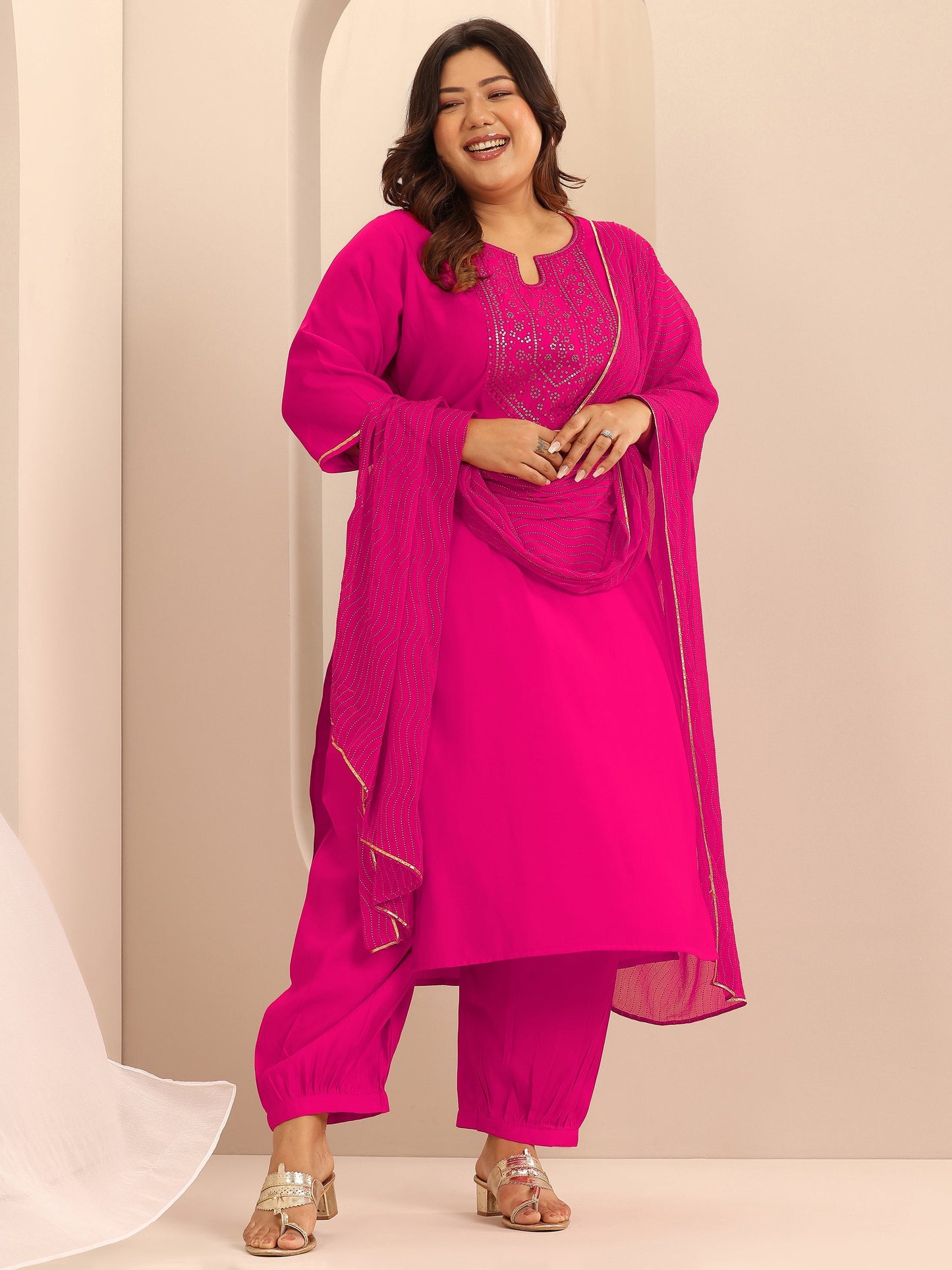 Plus Size Pink Embellished Silk Blend Straight Suit Set With Dupatta