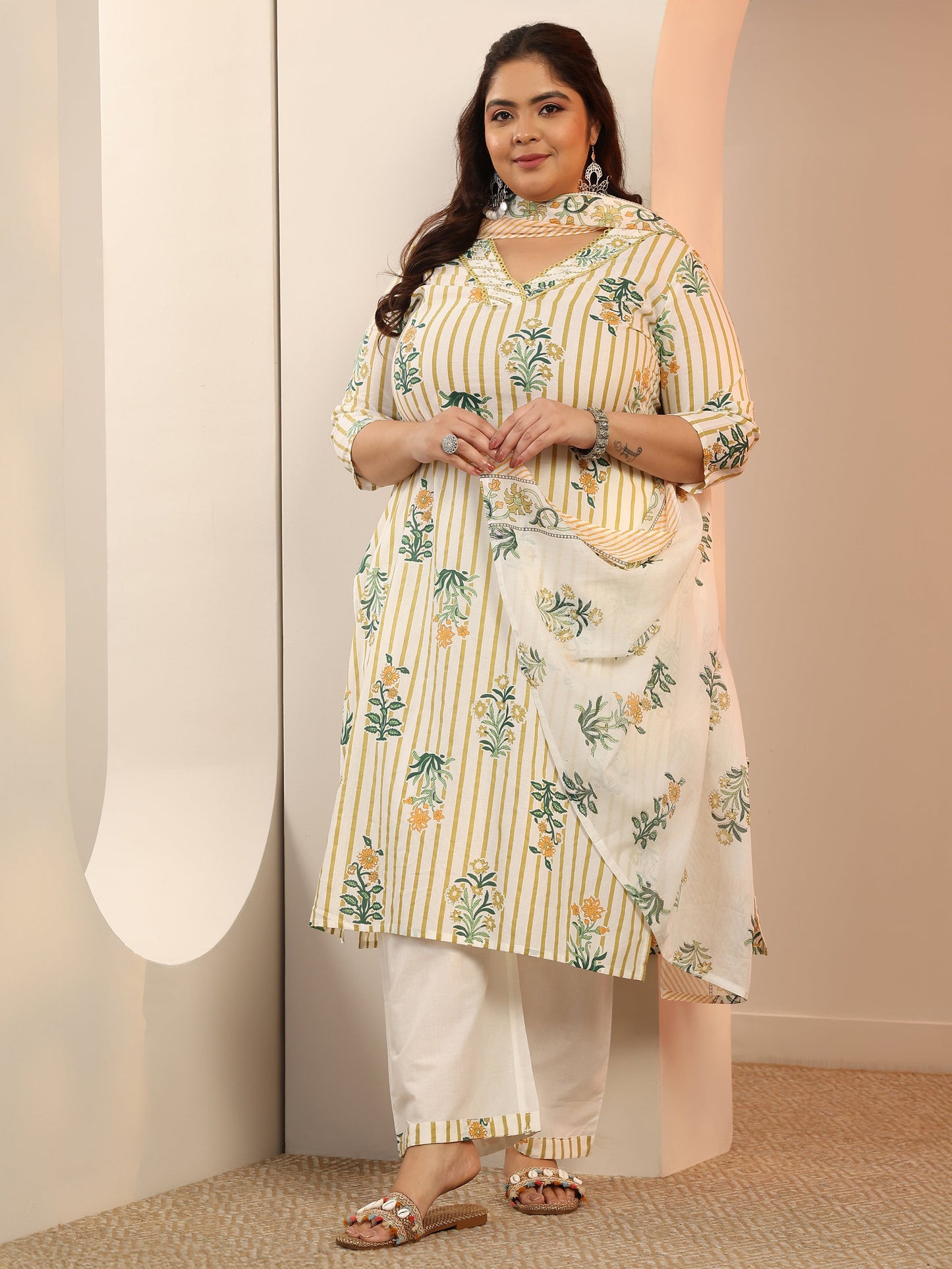 Plus Size Off White Printed Cotton Straight Suit Set With Dupatta