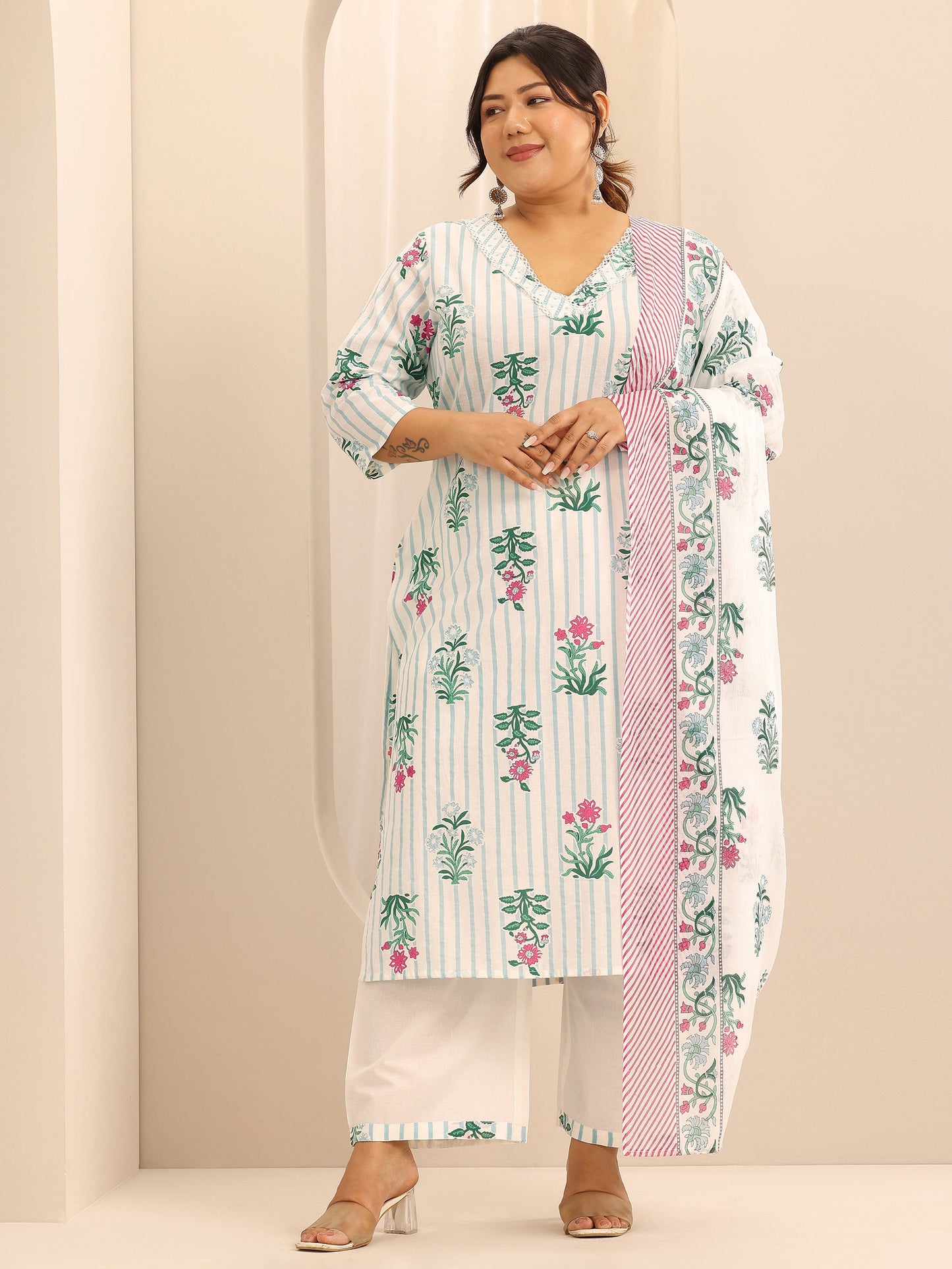 Plus Size Off White Printed Cotton Straight Suit Set With Dupatta
