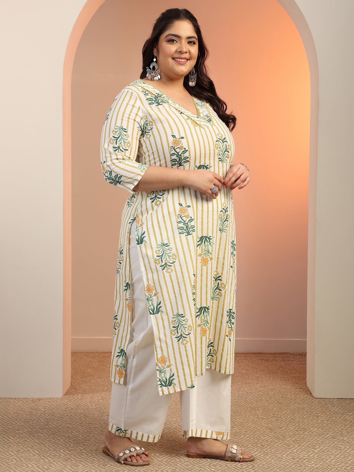 Plus Size Off White Printed Cotton Straight Suit Set With Dupatta