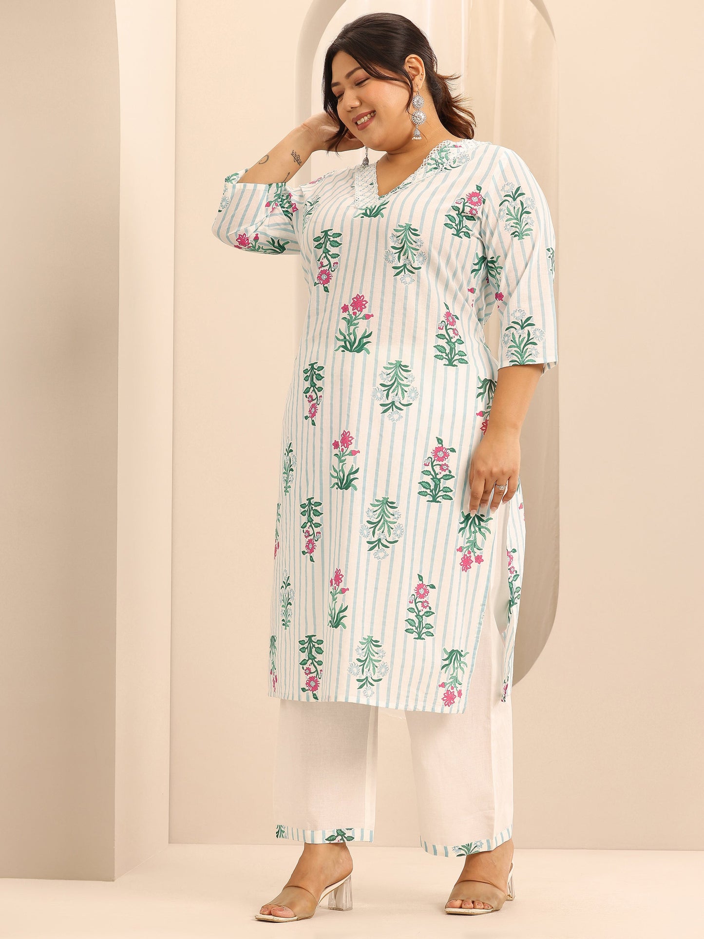 Plus Size Off White Printed Cotton Straight Suit Set With Dupatta