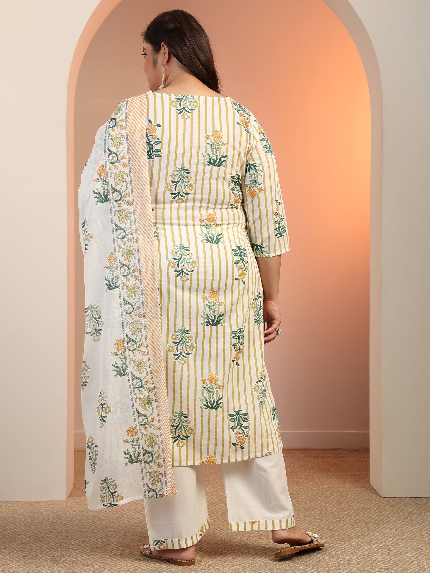 Plus Size Off White Printed Cotton Straight Suit Set With Dupatta