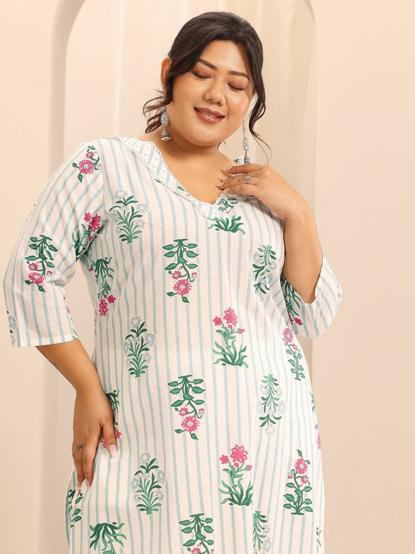 Plus Size Off White Printed Cotton Straight Suit Set With Dupatta