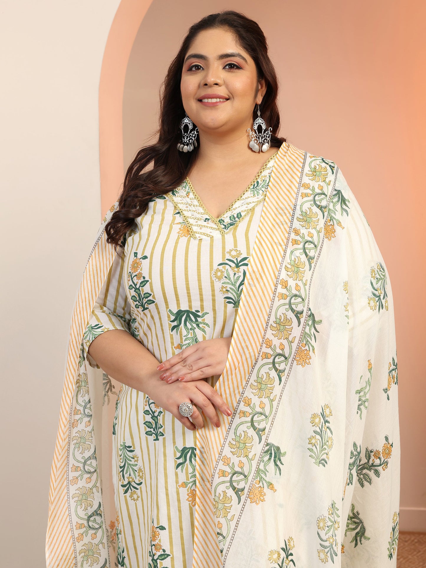 Plus Size Off White Printed Cotton Straight Suit Set With Dupatta