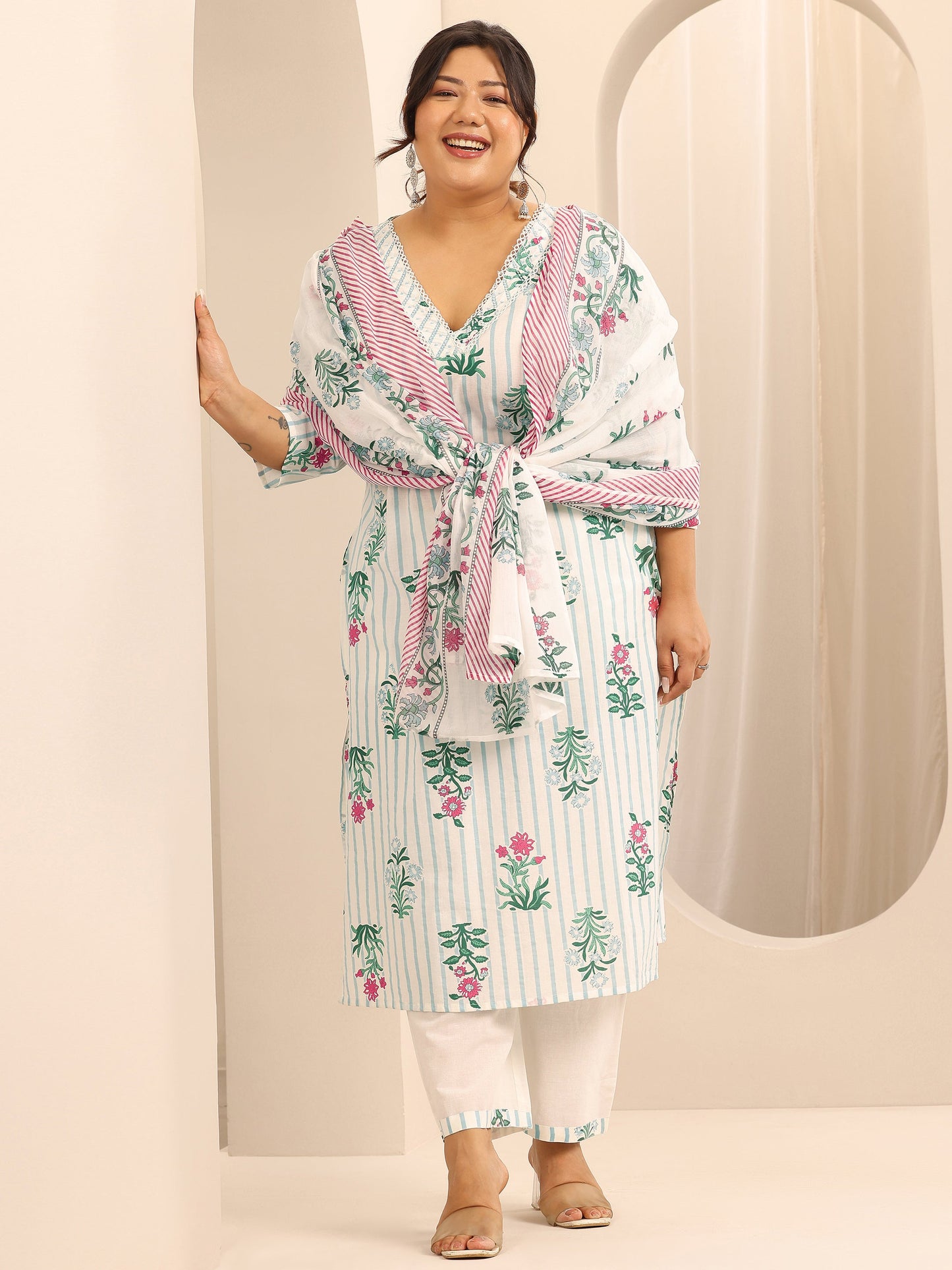 Plus Size Off White Printed Cotton Straight Suit Set With Dupatta