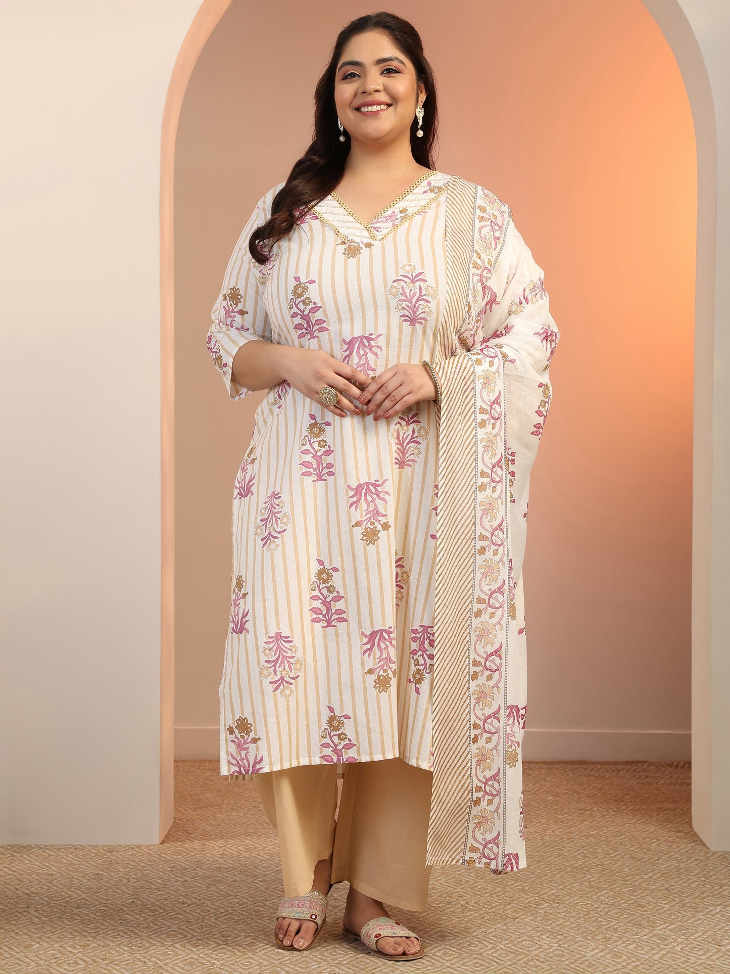 Plus Size Off White Floral Printed Cotton Straight Suit Set With Dupatta