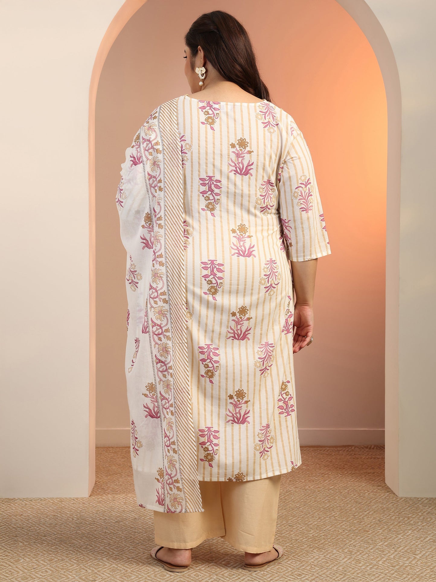 Plus Size Off White Floral Printed Cotton Straight Suit Set With Dupatta